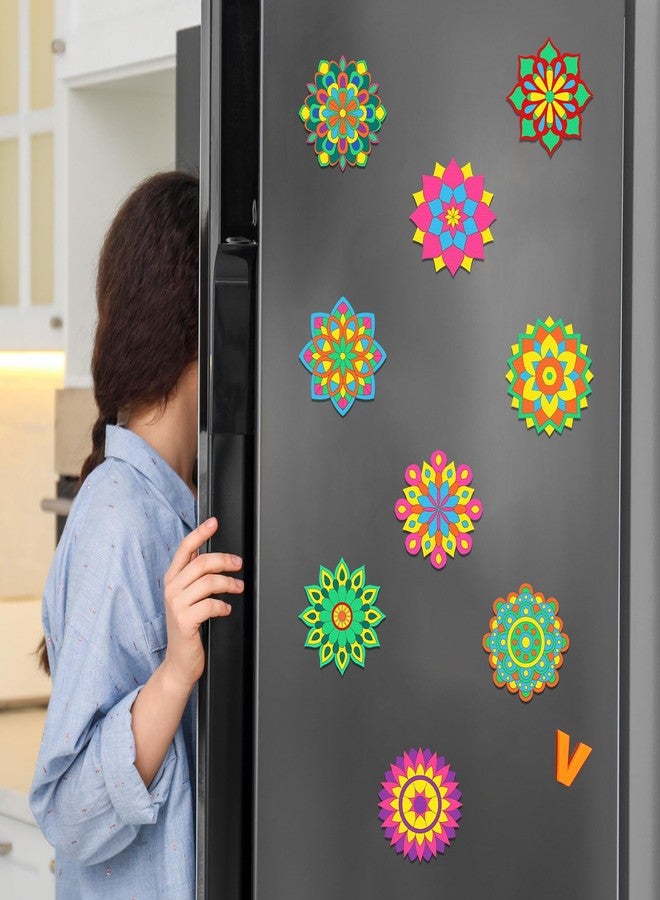 Vercraft 18 Pcs DIY Wooden Mandala Magnets Diwali Crafts Color Your Own Small Self Adhesive Magnet for DIY Craft Fridge Refrigerator Pendants(Classic Style) - Image 3